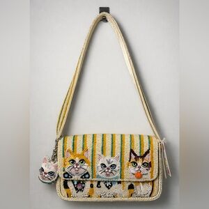 Beaded Cat-Panel Shoulder Bag in Cream and Yellow